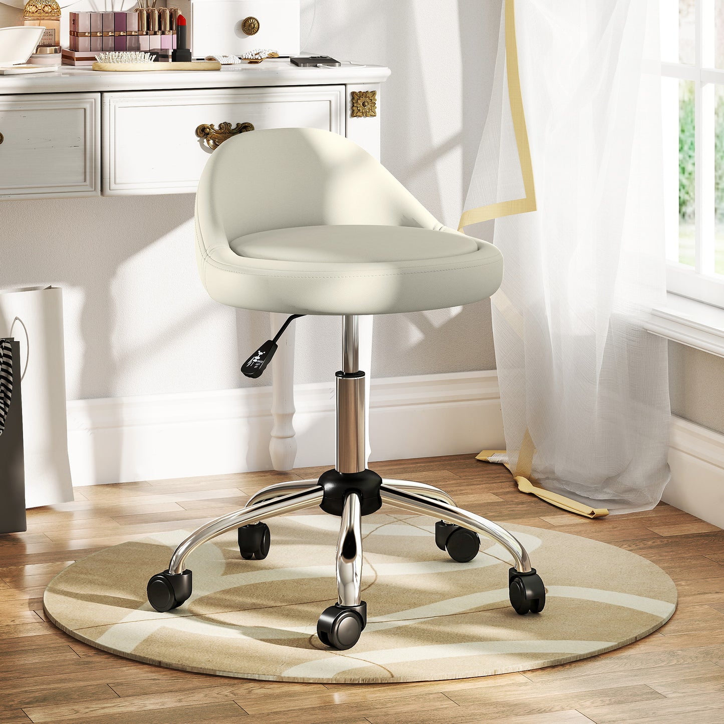 Salon Stool, Adjustable Rolling Stool, White