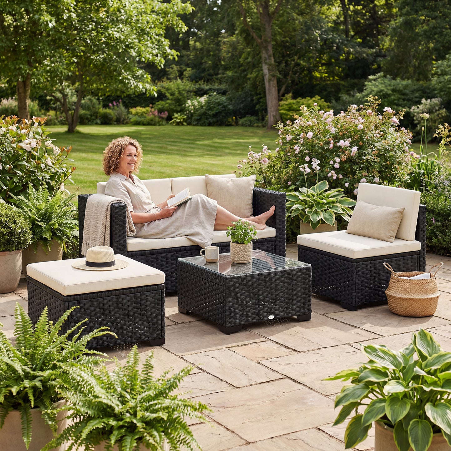 5 Piece Patio Furniture Set, L-Shape Wicker Outdoor Sectional with 3 Chairs, Ottoman, Glass Table, Cushions, Cream