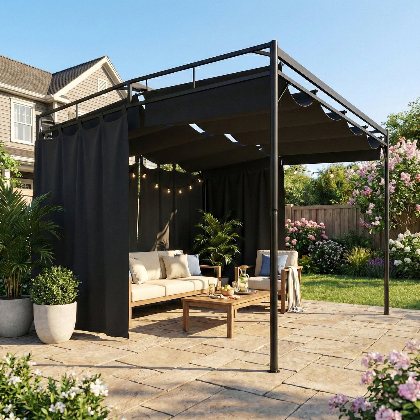 10' x 10' Retractable Pergola Canopy, Outdoor Pergola with Curtains, Metal Garden Gazebo Sun Shade Shelter for Patio