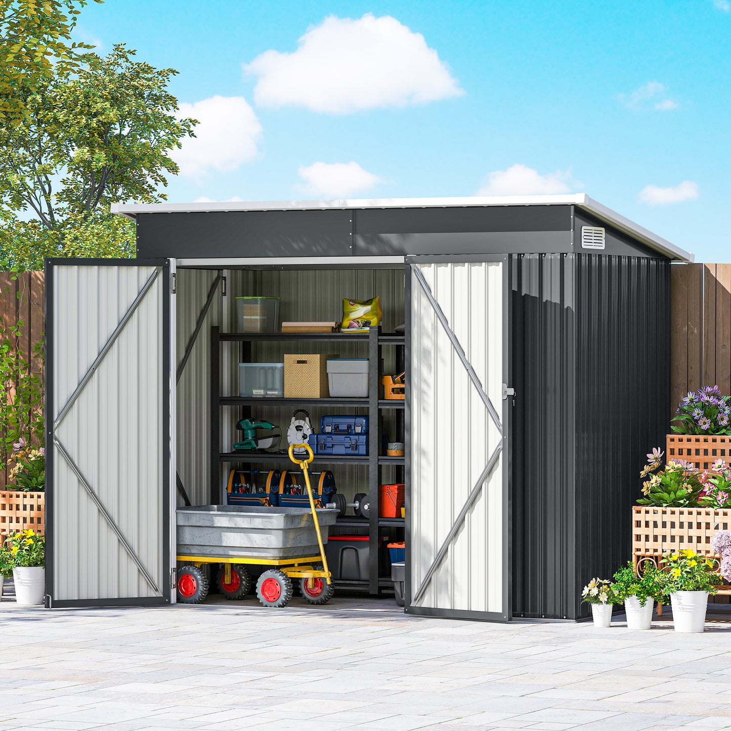 7.5' x 4.3' Outdoor Storage Shed, Waterproof Metal Garden Shed with Lockable Doors, for Backyard, Lawn, Patio, Dark Grey