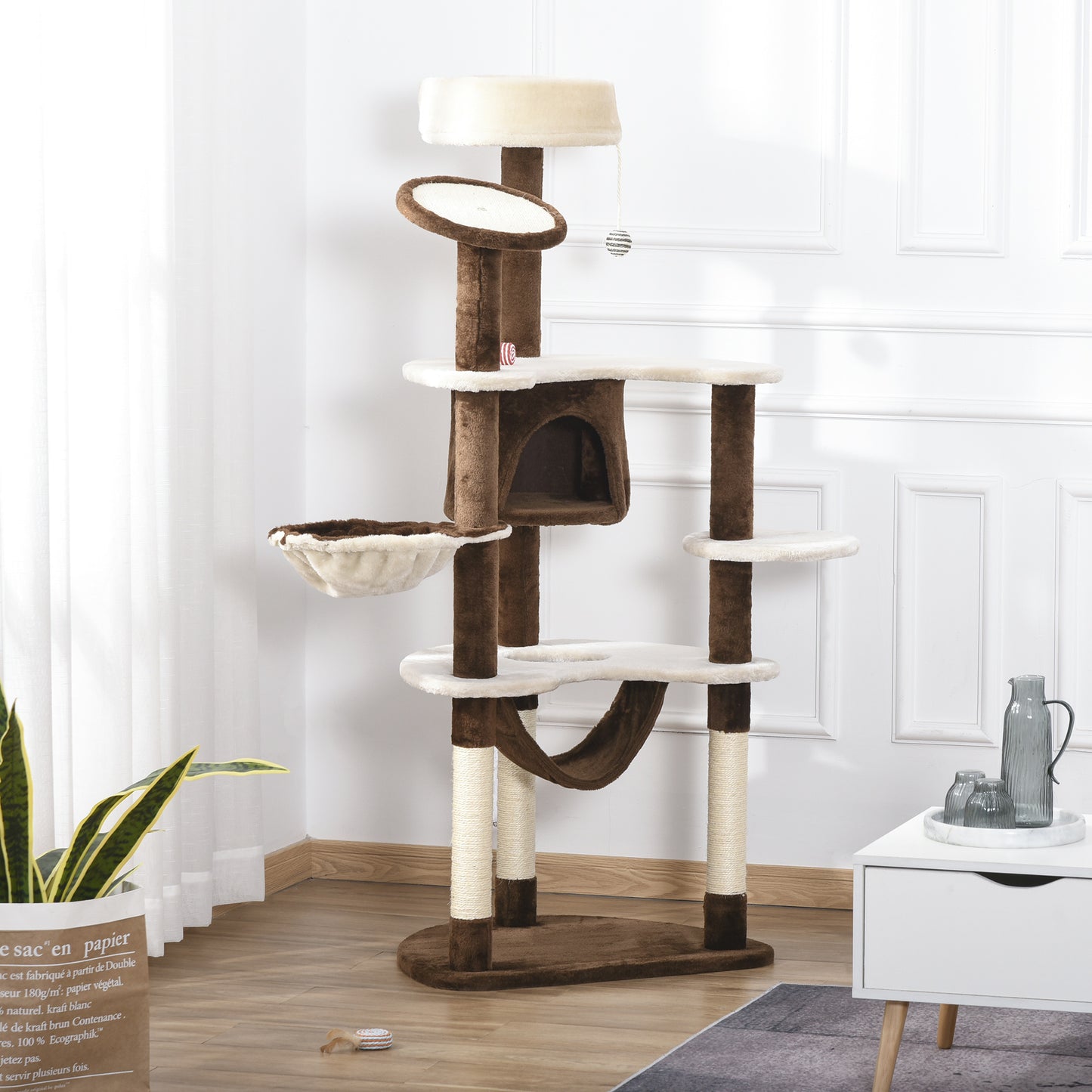 60" Cat Scratching Tree, Cat Bed Condo Post House Pet Furniture Toys-Brown & Beige