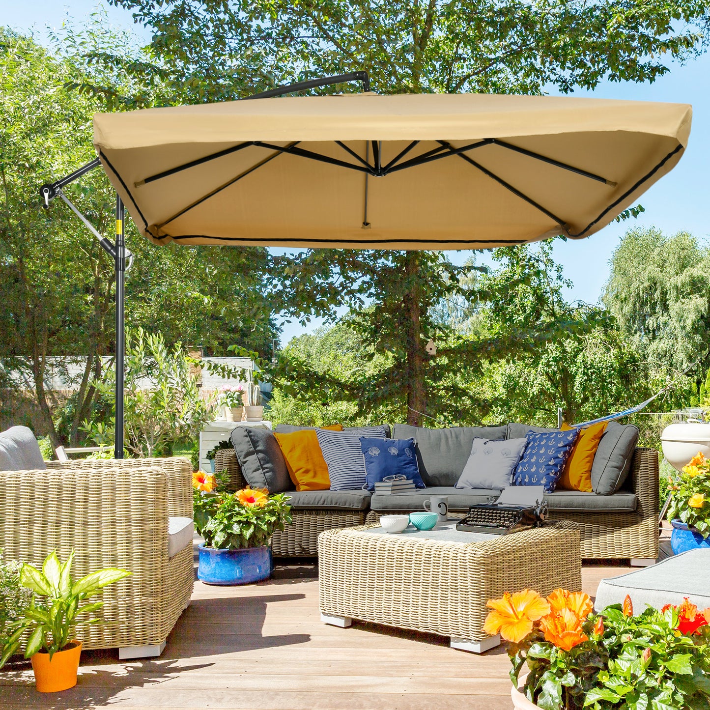Offset Patio Umbrella with Net and Umbrella Base, Adjustable Cantilever Canopy with Cross Base, Weight Plates and 8 Ribs for Backyard, Poolside, Garden, Beige