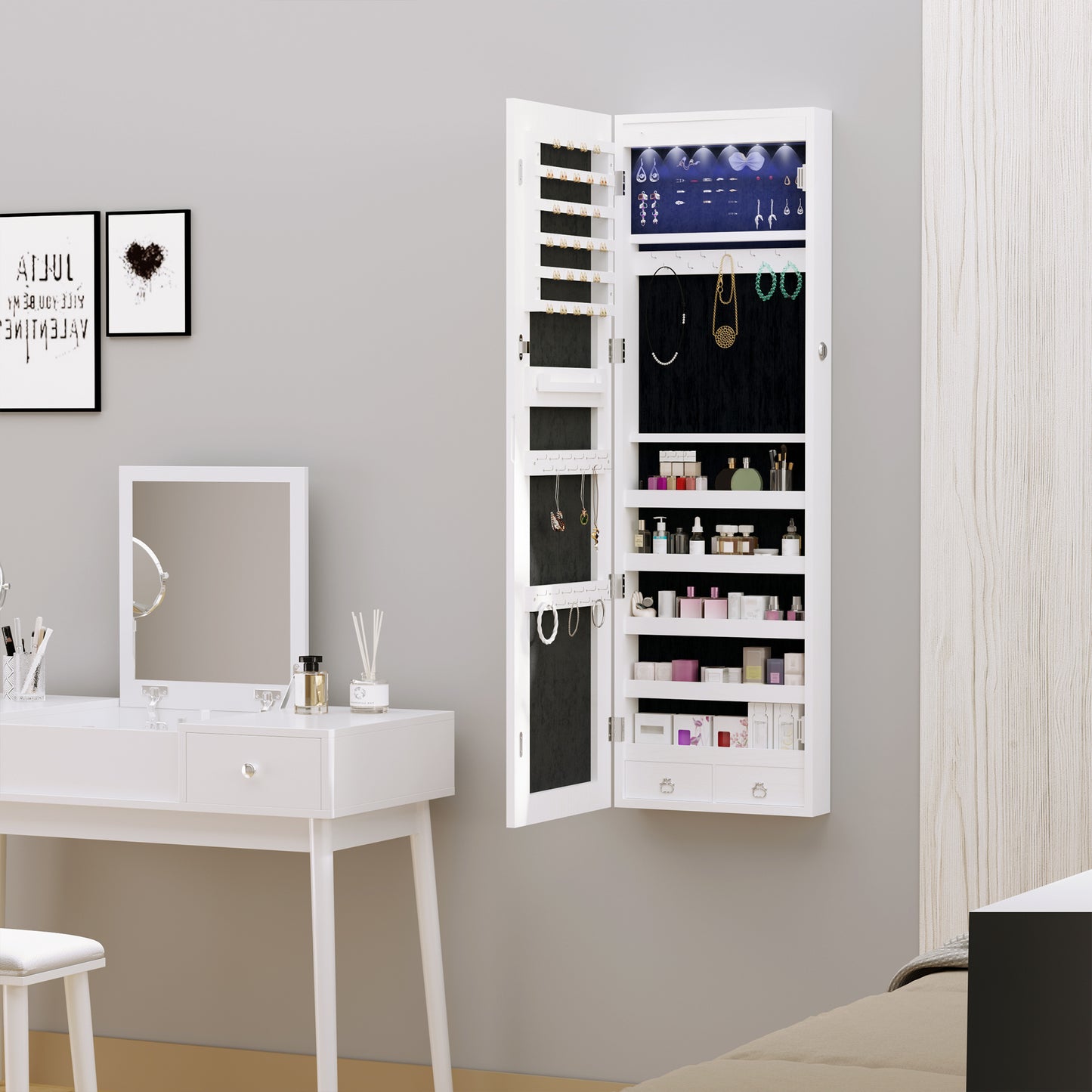 Mirror Jewelry Cabinet Armoire with LED Lights and 2 Keys, Wall Door Mounted Jewelry Organizer, Lockable Full-length Mirror, Wood Grain Grey