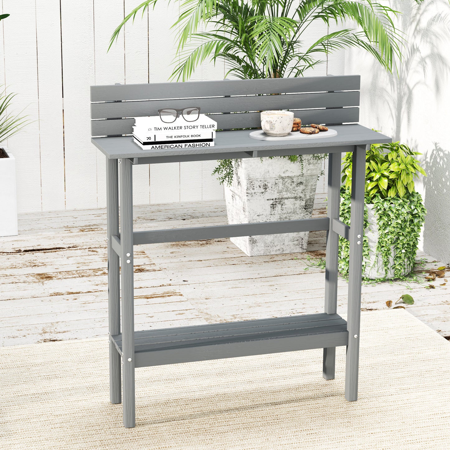 110cm Rectangle Outdoor Bar Table with Built-in Footrest, Slatted Top, Grey
