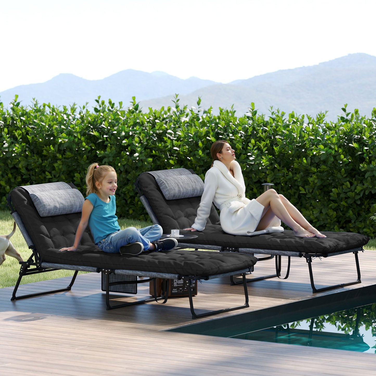 2-Piece Folding Lounge Chairs with Adjustable Backrest, Tanning Chair with Cushion, Side Pocket, Headrest, Black
