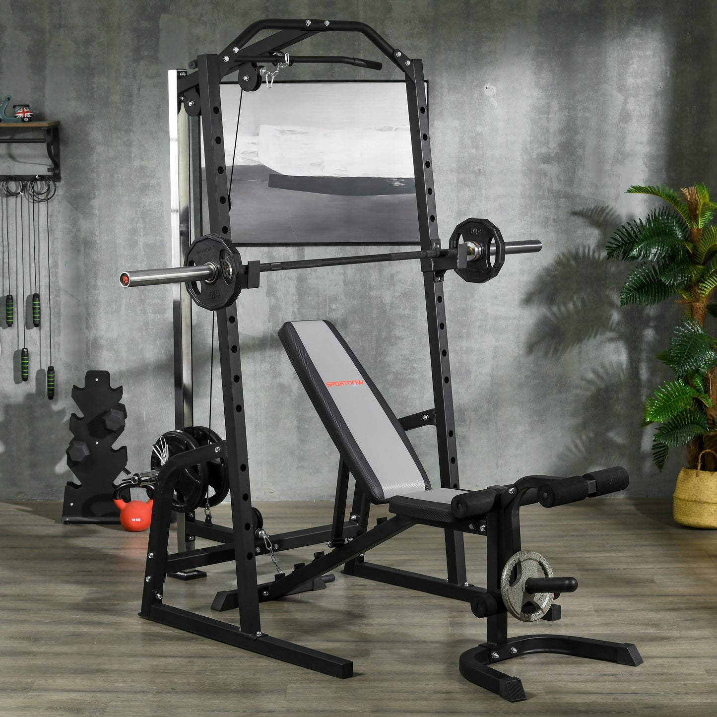 Soozier Smith Machine, Multi-Functional Power Cage w/ Adjustable Bench, Barbell Bar, Cable Pulley System, 15-Level Squat Rack