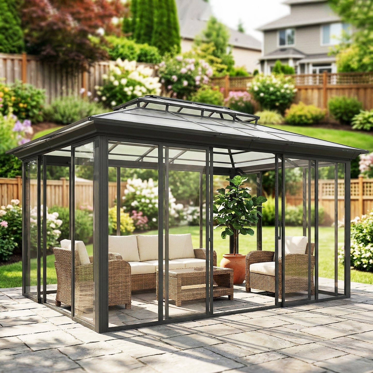 10' x 14' Sun Room with Double Roof Sliding Doors Hardtop Gazebo Solarium with Rain Gutter Dark Grey
