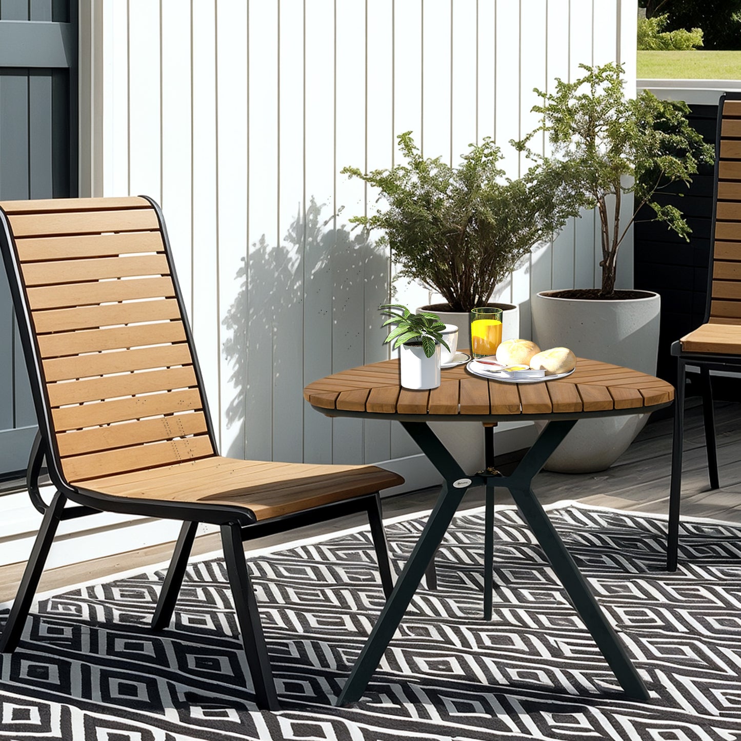 35.4" Outdoor Dining Table with Slatted Acacia Wood Leaf Tabletop, Patio Table with Steel Legs for Garden, Yard, Teak