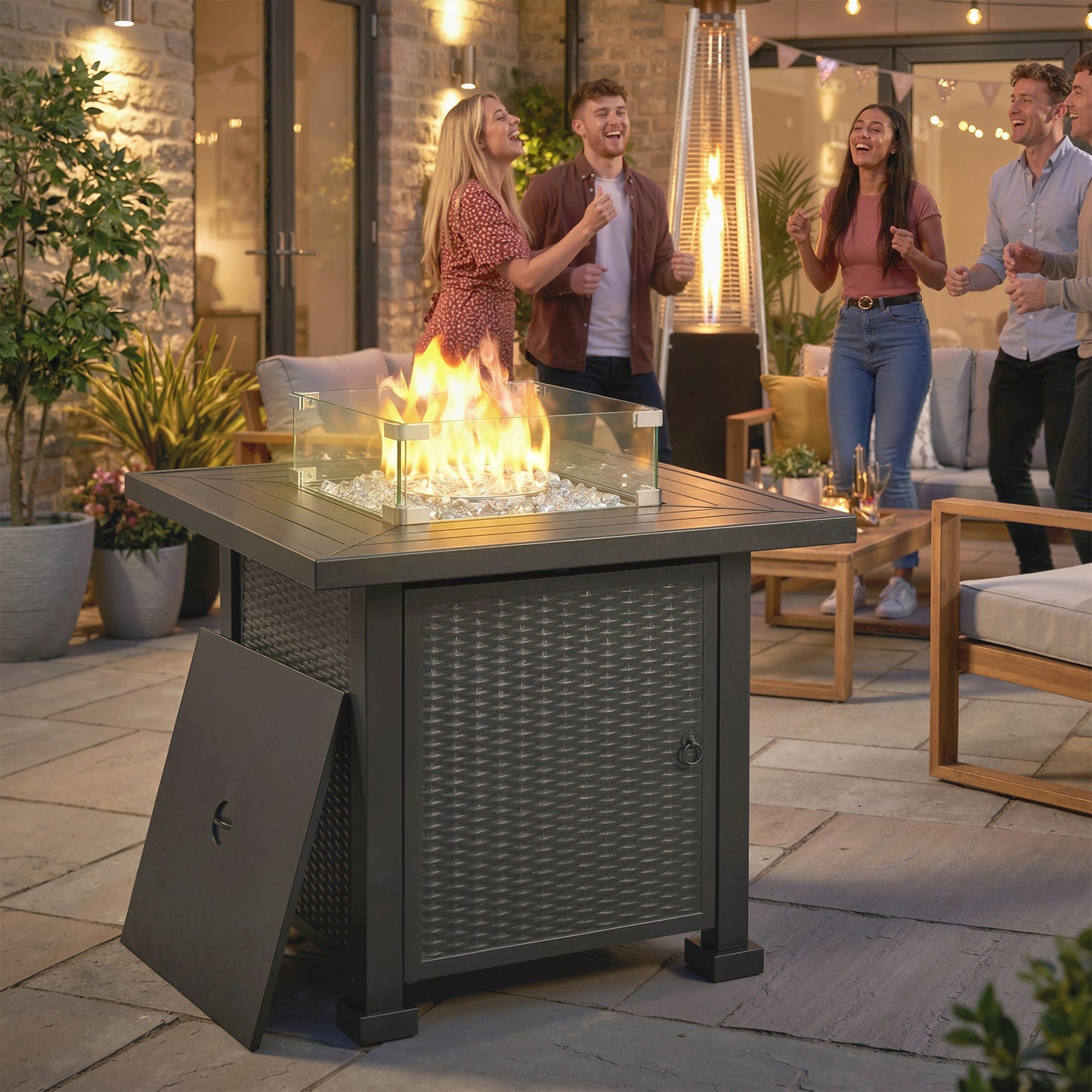 32" Propane Gas Fire Pit Table, 50,000 BTU Square Patio Table with Fire Pit, Wind Guard, Lid, CSA Certified, Black