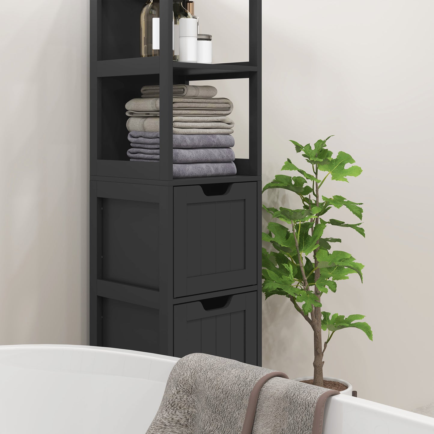 Narrow Bathroom Cabinet with 3 Drawers and 2 Tier Shelf, Tall Cupboard Freestanding Linen Tower, Black