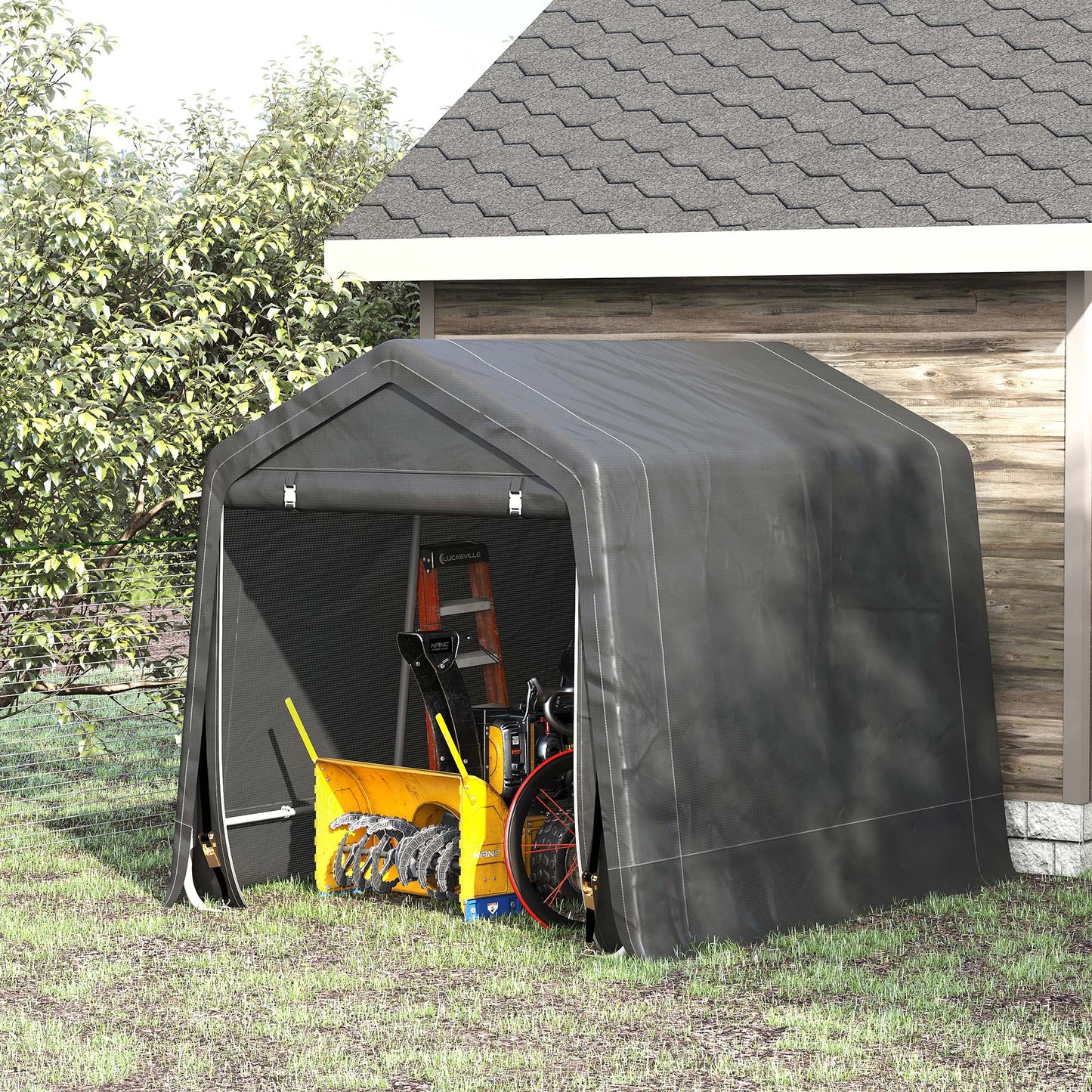 9.2' x 7.9' Garden Storage Tent, Patio Storage Shelter w/ Metal Frame and Double Zipper Doors, Dark Grey