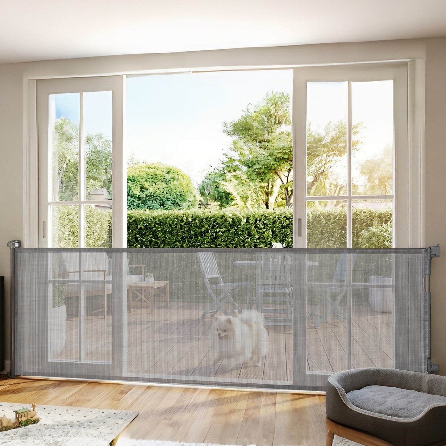 Retractable Dog Gate, 41" Tall, Extends to 122" Wide, Mesh Pet Gate with Single Hand Operation, for Stairs, Doorways
