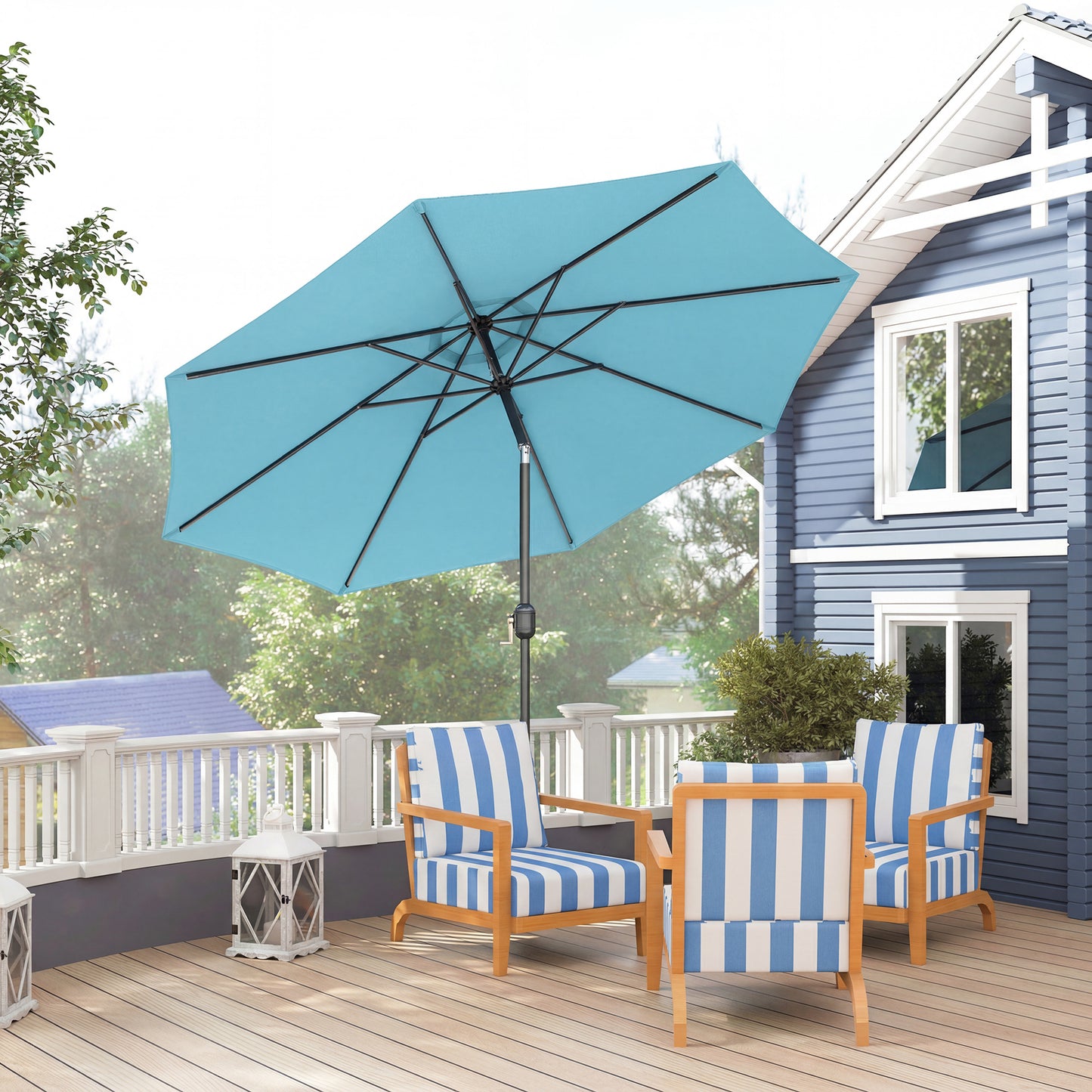 10' x 8' Round Market Umbrella, Patio Umbrella with Crank Handle and Tilt, Outdoor Parasol for Garden, Sky Blue