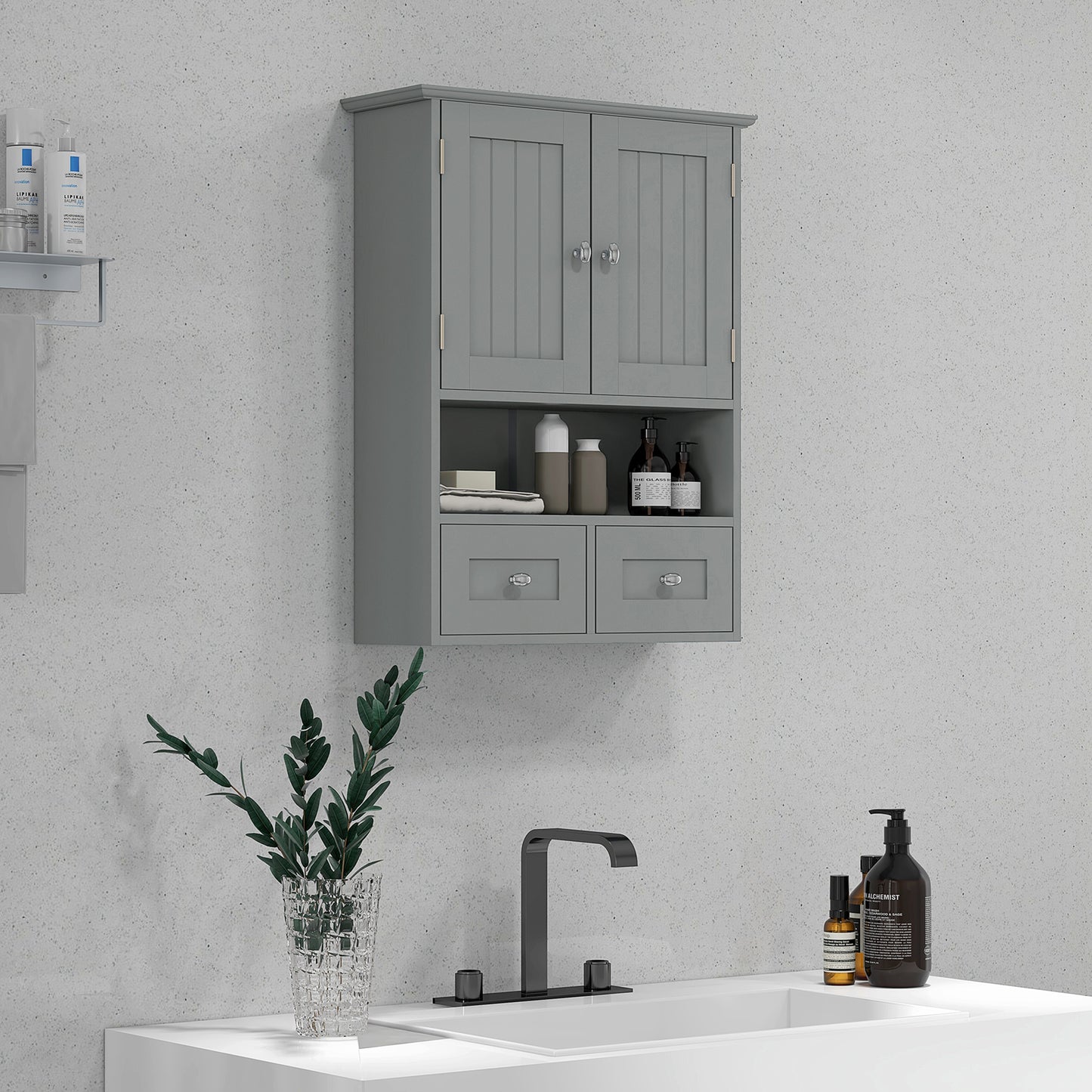 Bathroom Wall Cabinet with 2 Drawers, Modern Medicine Cabinet with 2 Doors and Open Shelf, Over the Toilet Storage Organizer for Living Room, Kitchen,20" x 7" x 26", Grey