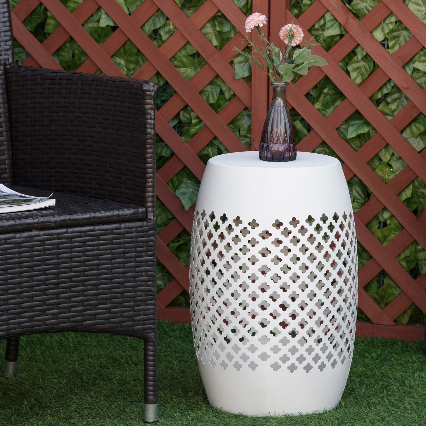 12" Steel Patio End Table, Round Hollow Drum Side Table, Accent Table for Indoor and Outdoor, White
