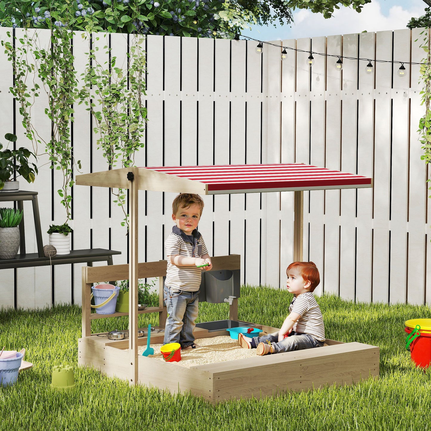 Kids Sandbox with Cover Kitchen Playset Toys, Wooden Sand Box with Seat, Storage, for 3-7 Years Old, Natural Wood