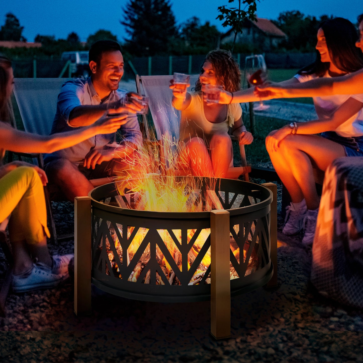 31" Outdoor Fire pit, 2-in-1 Wood Burning Fire Pit Brazier with Lid, BBQ Grill, Poker for Backyard, Camping, Black