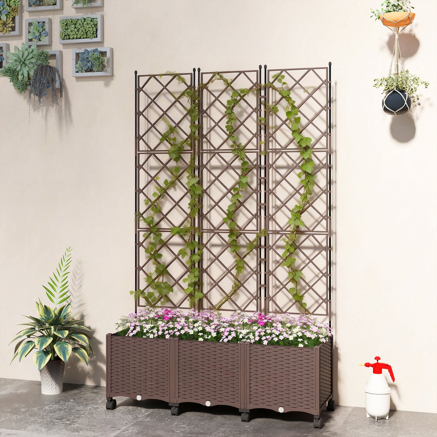 Plastic Raised Garden Bed with Trellis, Self Watering Planter Box with Wheels, Drainage Holes and Plugs