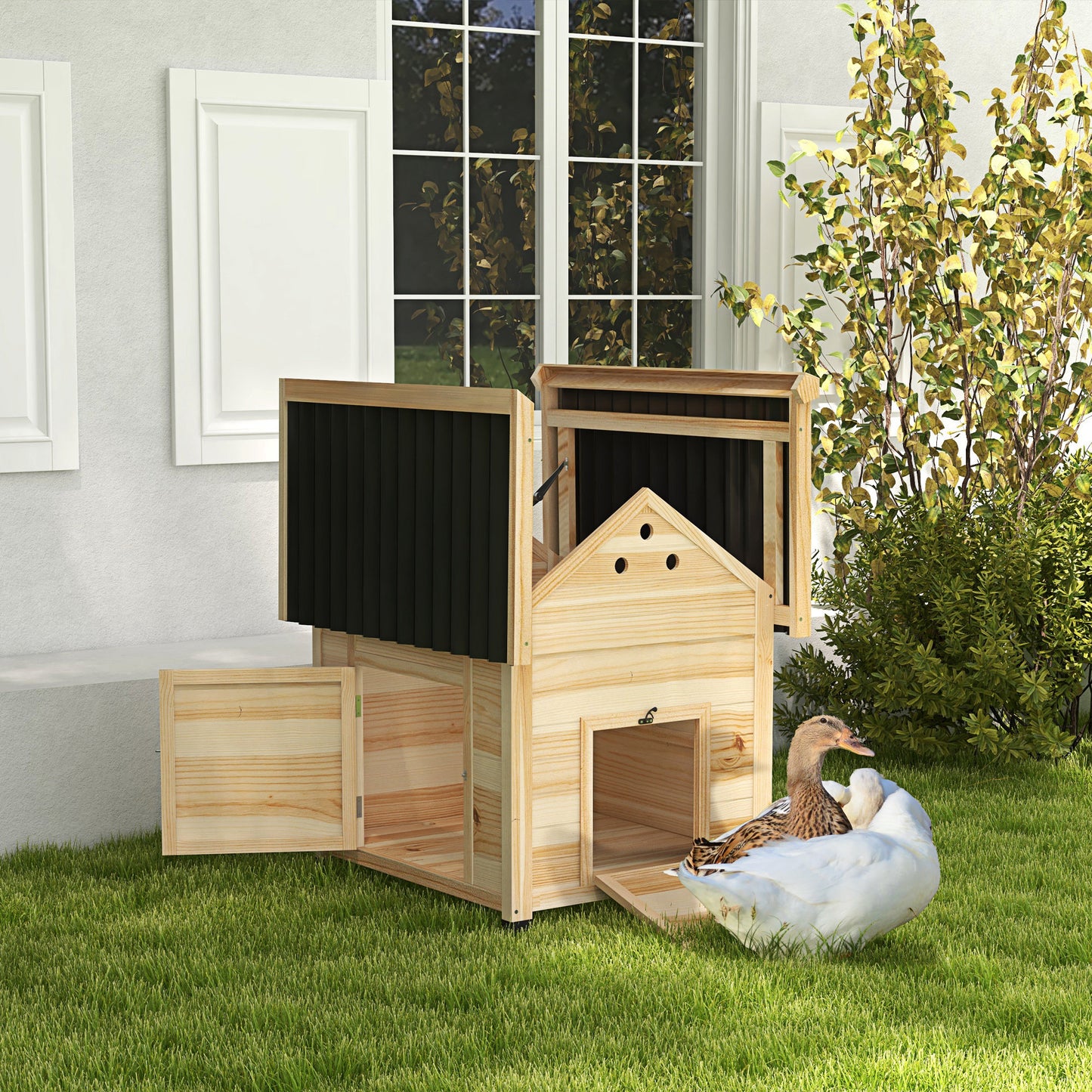 Duck Coop, Wooden Duck House with Openable Roof & Double Doors, Natural Wood