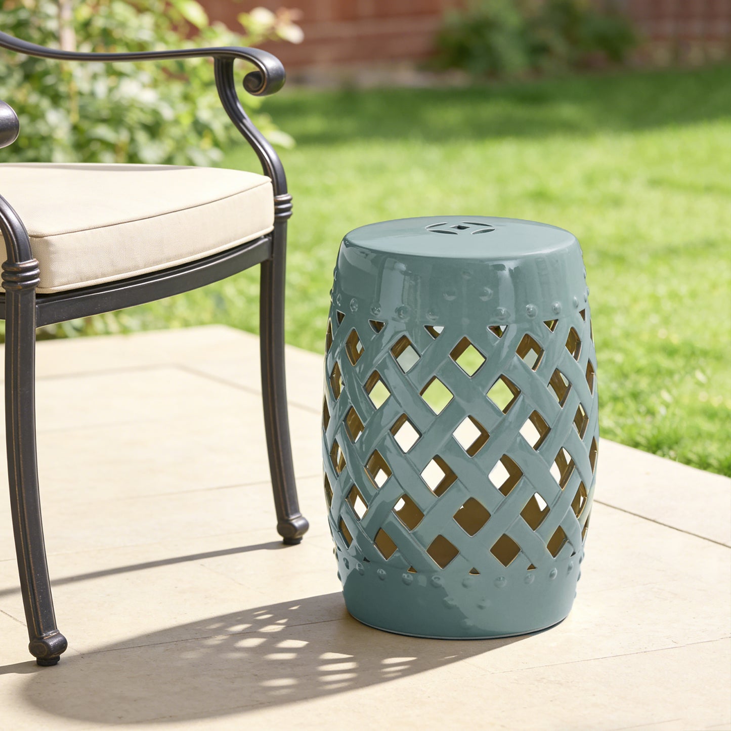 18" Ceramic Garden Stool with Woven Lattice Design, Indoor & Outdoor Decorative Accent Stool, Blue
