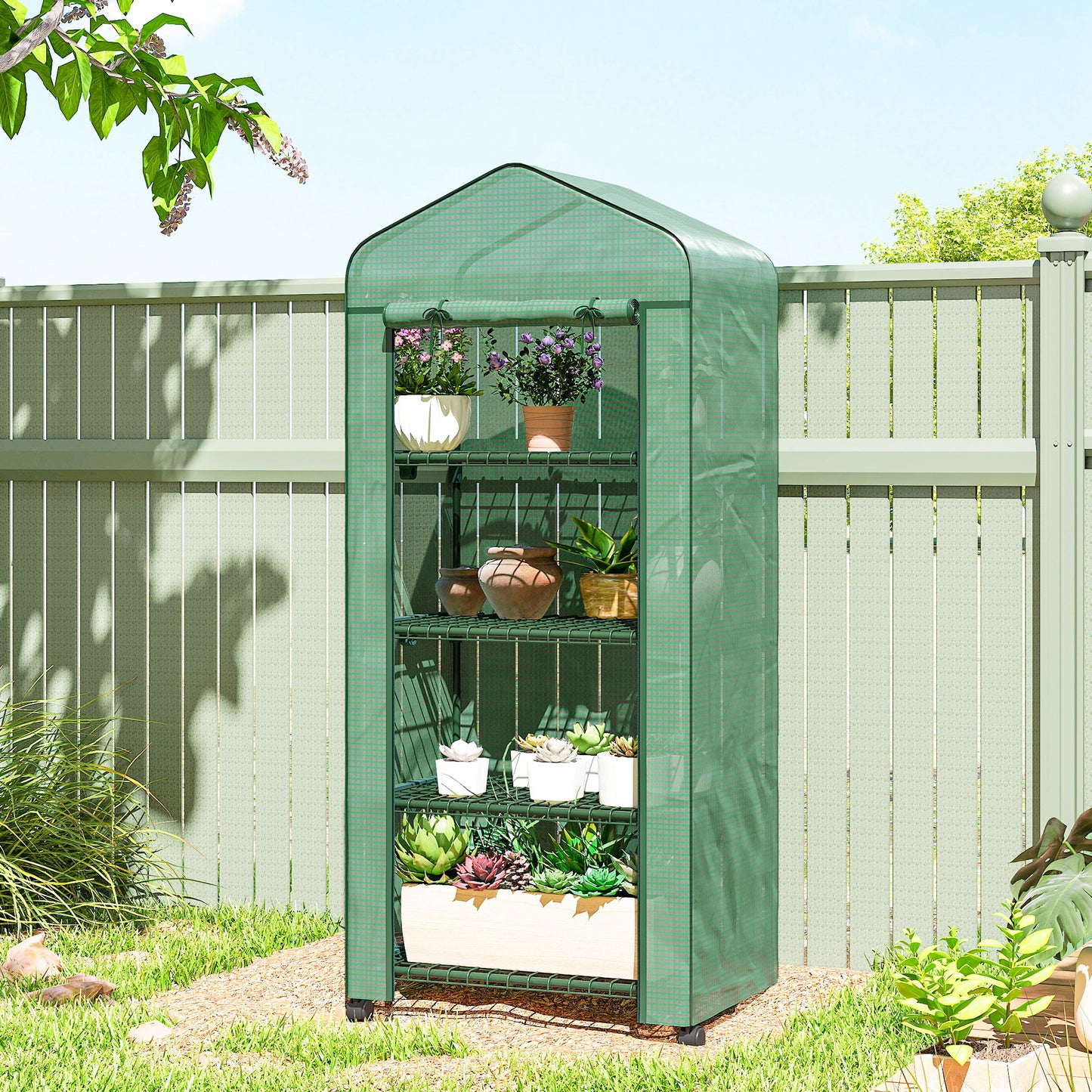 Portable Greenhouse, Outdoor Hot House Plant Flower Greenhouse with 4 Tier Shelves, PE Cover, Green