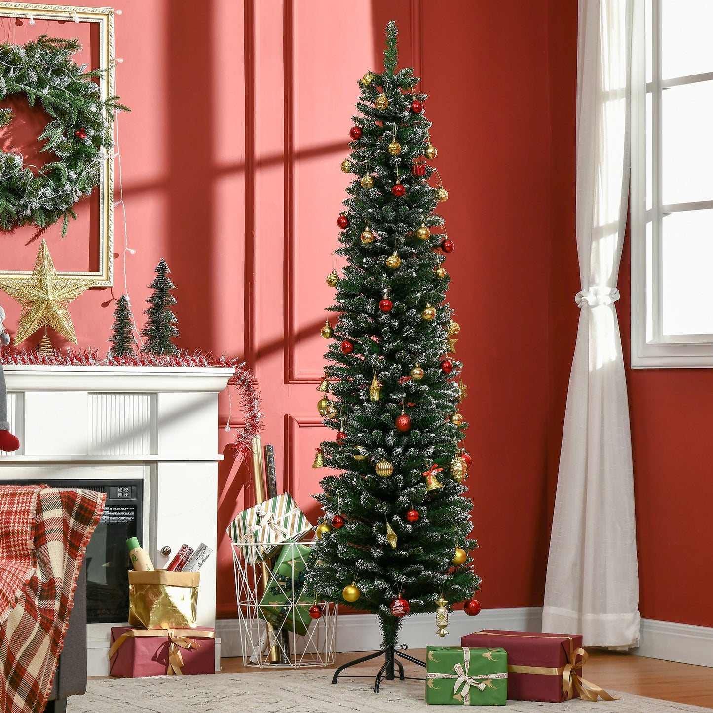 6FT Artificial Snow Dipped Christmas Tree Xmas Pencil Tree Holiday Home Indoor Decoration with Foldable Black Stand, Green