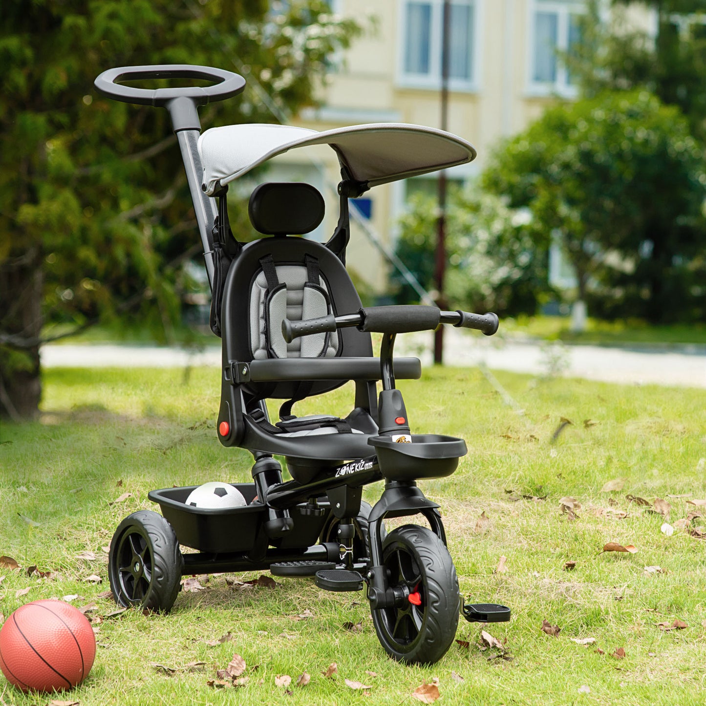 Qaba Tricycle for Toddler 4 in 1 Kids Trike, Converts Stroller to Toddler Bike, Adjustable Backrest & Flat Canopy, Detachable Guardrail & Handle for 1-5 Years Old, Grey
