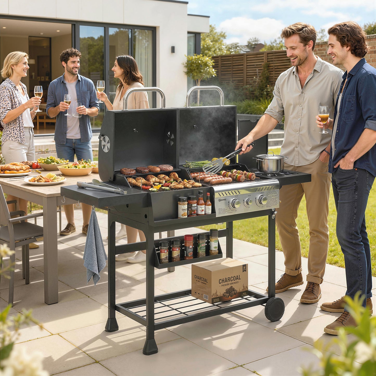 Dual Fuel BBQ Grill, Charcoal and 2+1 Gas Burner Barbecue Grill with Wheels, Warming Rack, Black