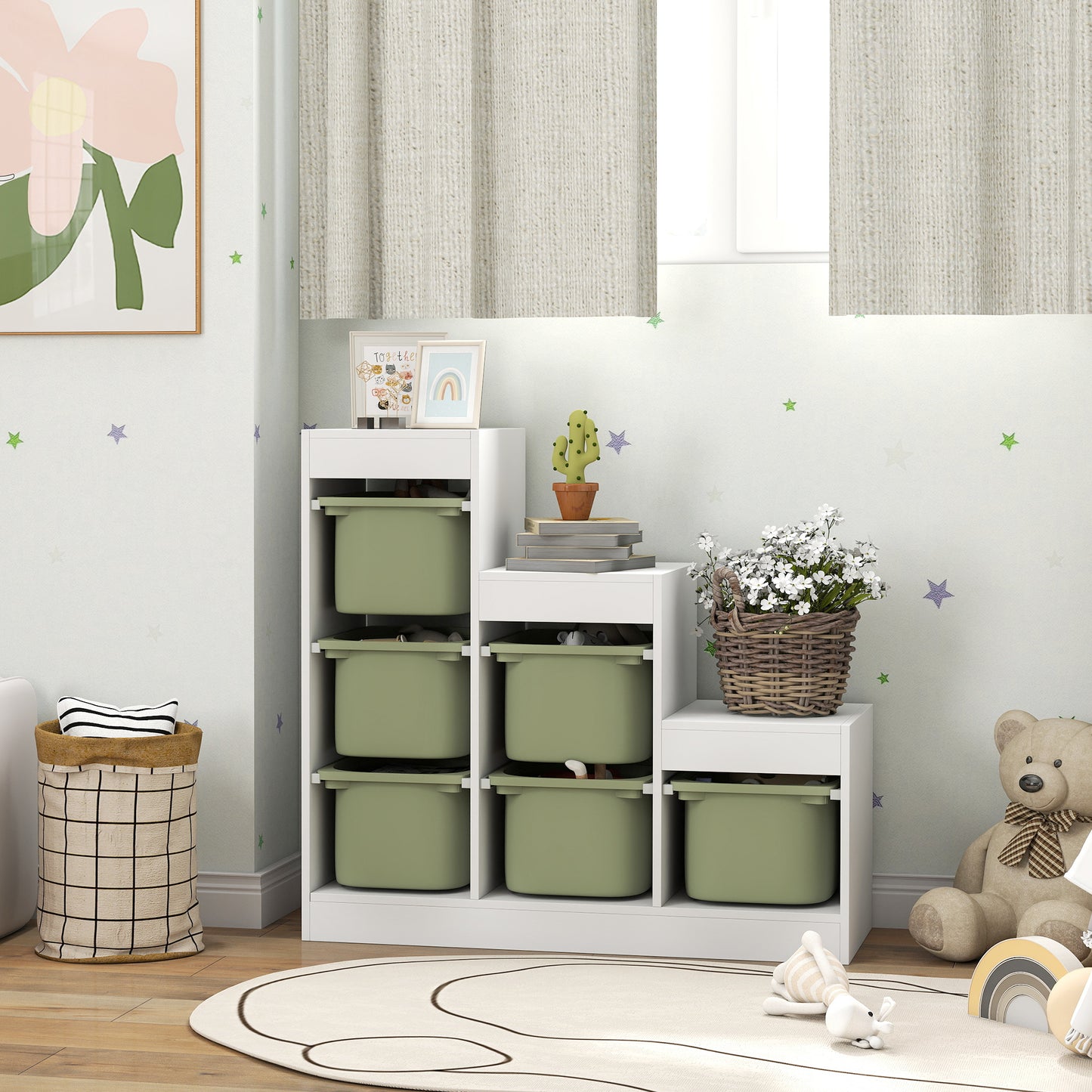 Qaba 3 Layers Toy Storage Organizer Kids Bookshelf Children Toy Storage w/ 6 Plastic Bins, Green
