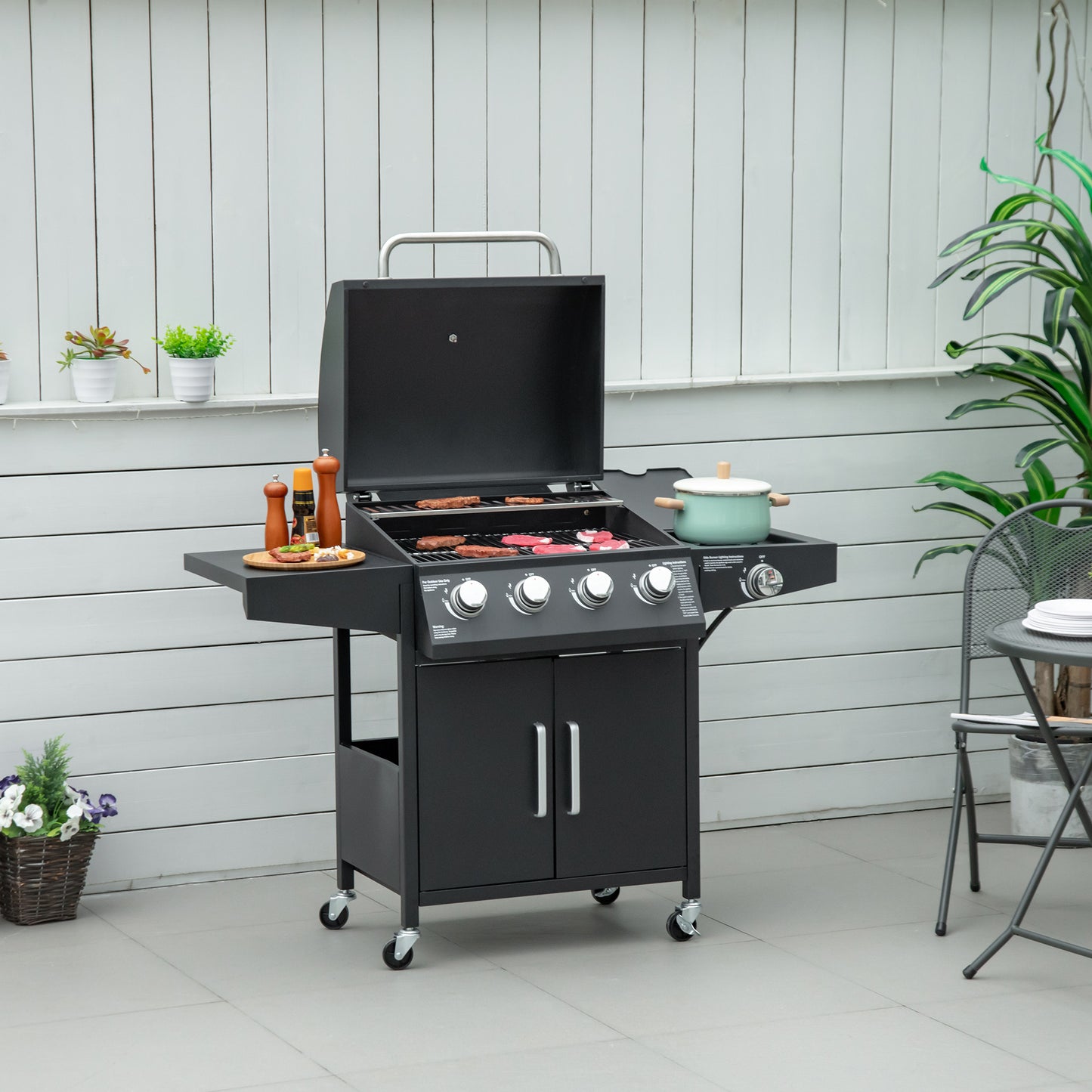 4+1 Burner Liquid Propane Gas Grill Outdoor Cabinet Style BBQ Trolley w/ Side Burner, Warming Rack, Side Shelf, Storage Cabinet, Thermometer, 4 Wheels, Carbon Steel, Black