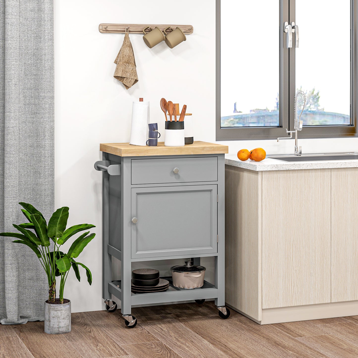 Kitchen Cart on Wheels, Rolling Kitchen Island Cart with Wood Top, Towel Rack, Drawer and Shelf for Dining Area, Grey
