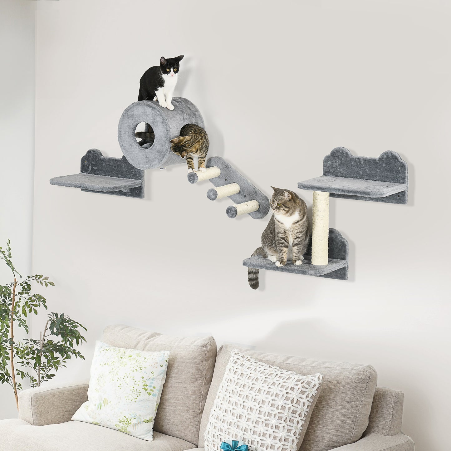 4 PCs 9.3" H Cat Wall Shelves, Pet Wall-mounted Climbing Shelf Set, Kitten Activity Centre with Condo, Cushion, Scratching Post, Jumping Platform, Grey
