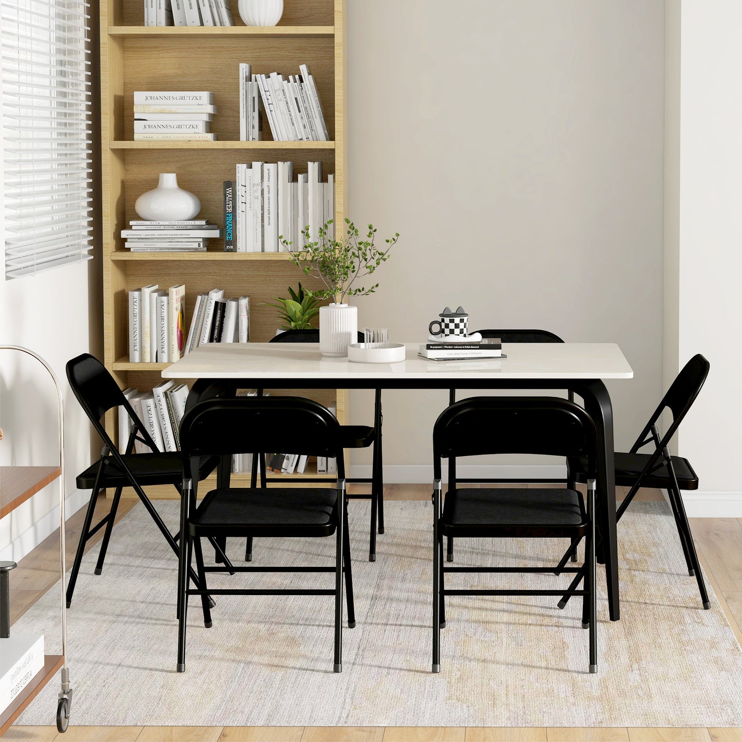 Set of 6 Metal Foldable Chairs, Faux Linen Padded Folding Chairs with Cushion Seat and Open Back for Indoor, Black
