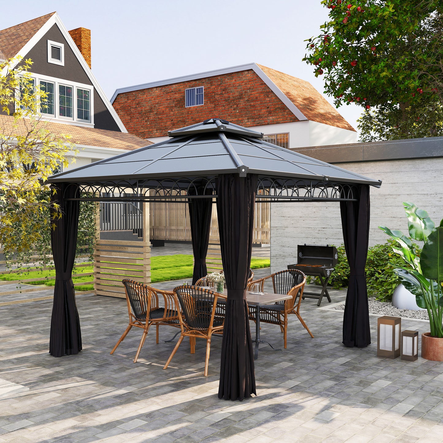 10' x 10' Outdoor Hardtop Gazebo Canopy with Double PC Roof, Steel Frame, Nettings, Curtains for Garden Lawn Deck, Black