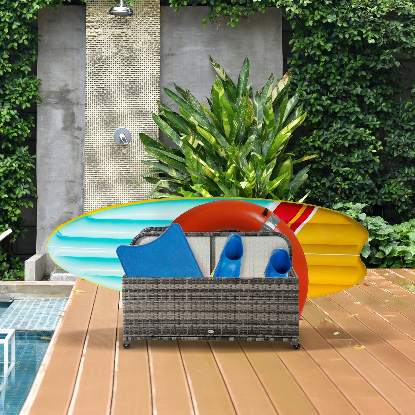 Rolling Pool Storage Rattan Patio Furniture Outdoor Storage Wicker Organizer for Floats, Paddles, Balls, Towels, Grey