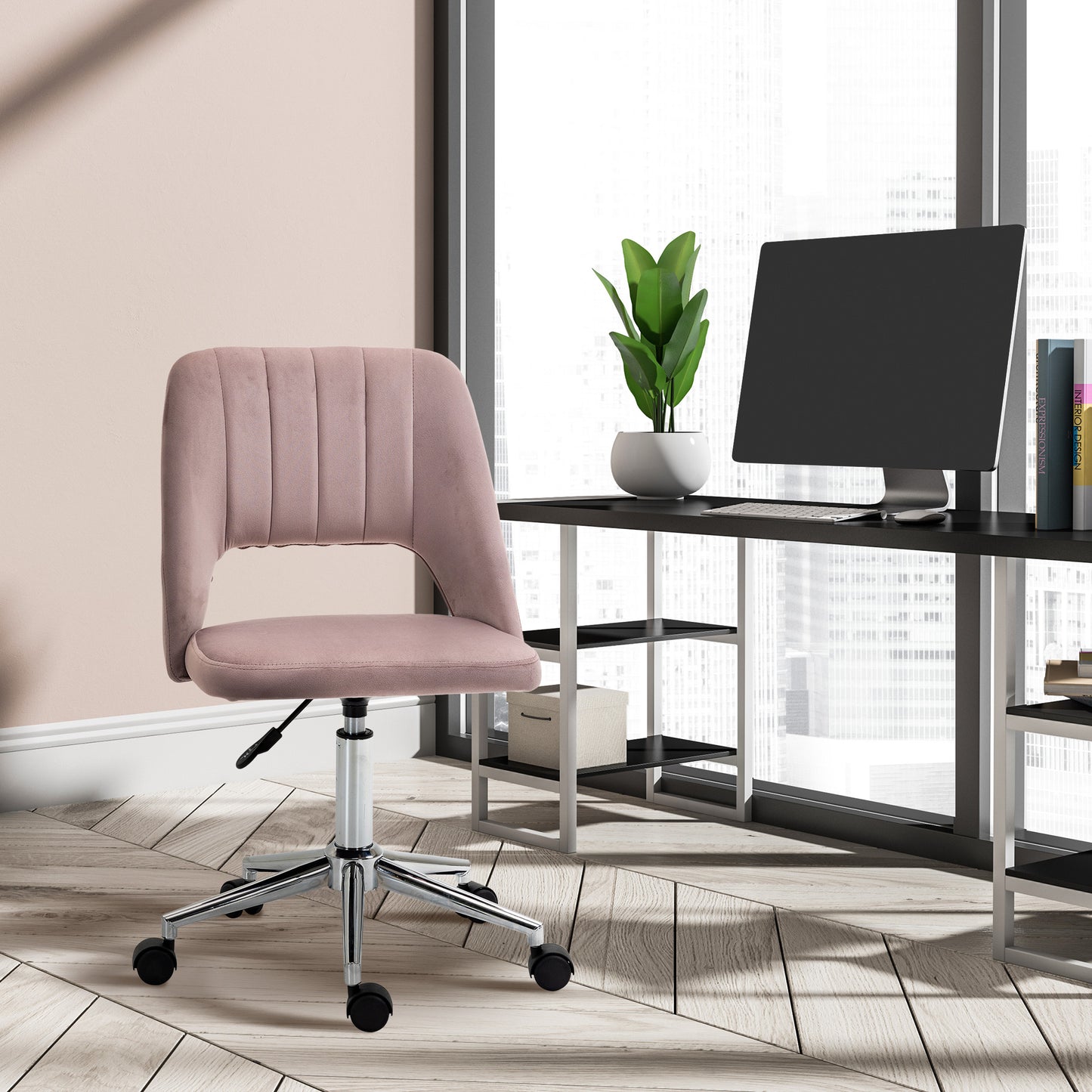Mid Back Office Chair Velvet Fabric Swivel Scallop Shape Computer Desk Chair, Pink