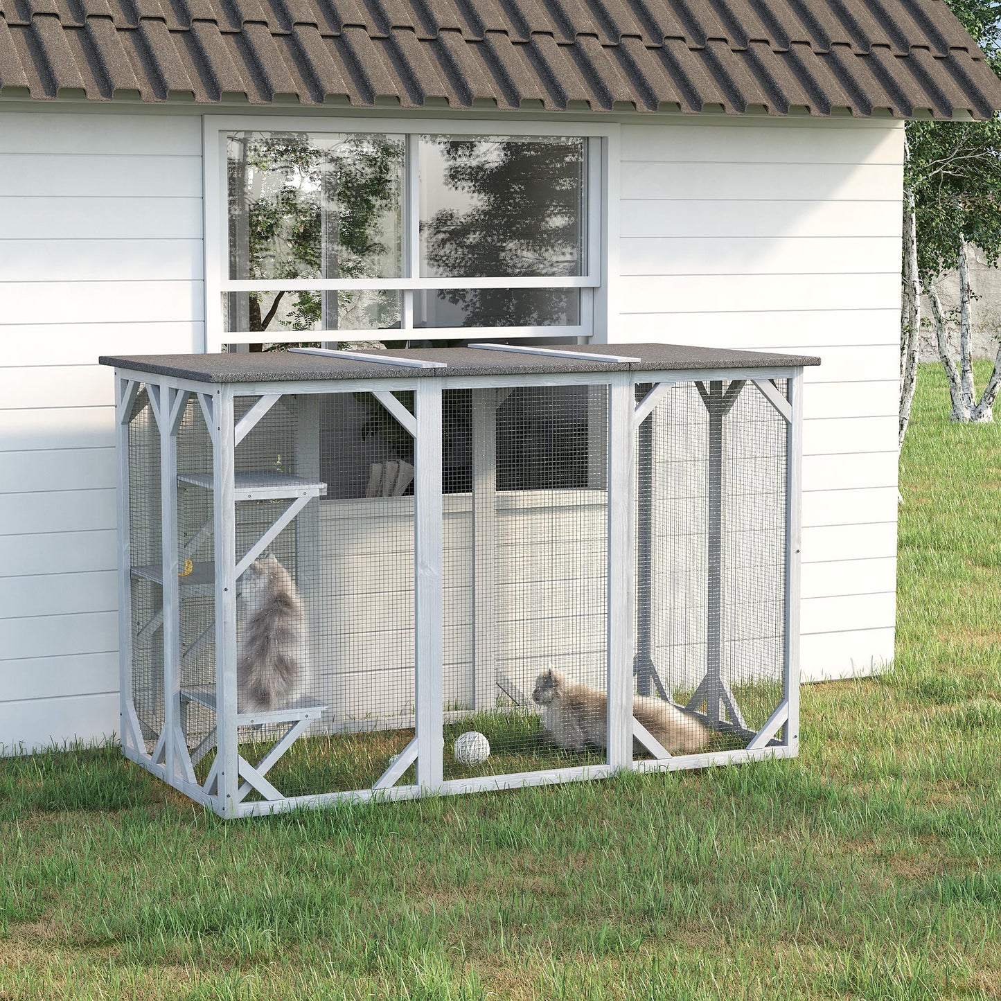 44.1" H Cat Cage, Indoor Outdoor Wooden Enclosure Pet House, Small Animal Cage Hutch, Suitable for Rabbit, Dogs, Kitten, Crate Kennel with Waterproof Roof, Multi-Level Platforms, Lock, Grey