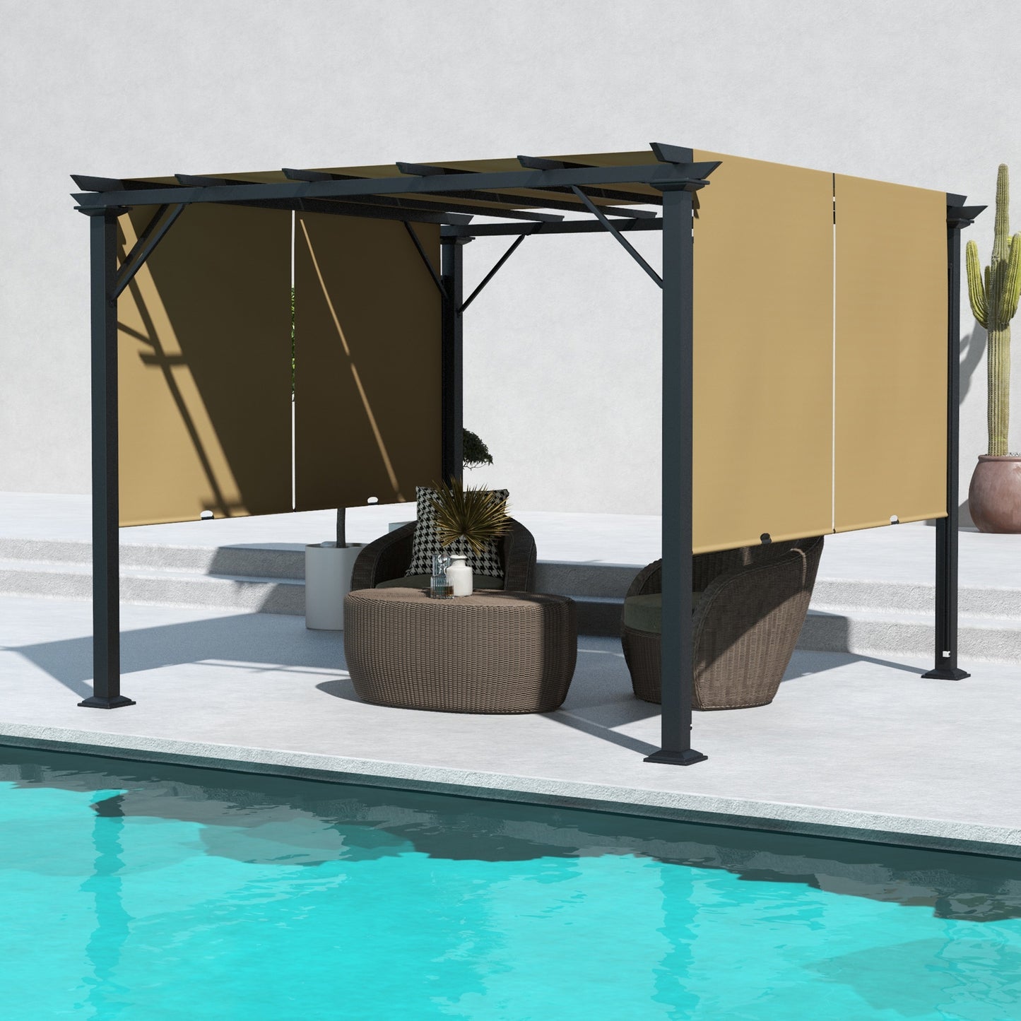 10' x 10' Retractable Pergola Canopy for Backyard, Brown