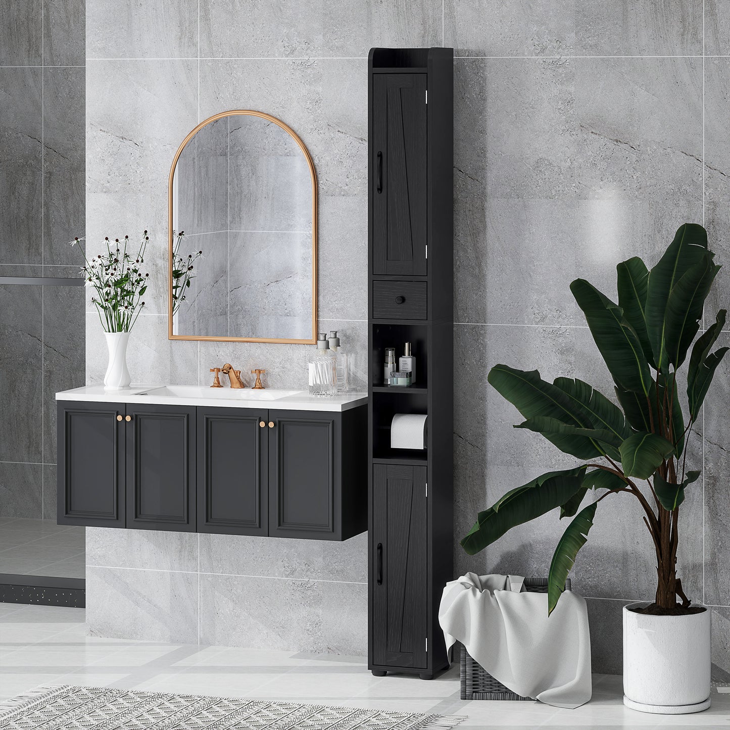 Narrow Bathroom Cabinet, Tall Bathroom Storage Cabinet with Barn Doors, Drawer and Adjustable Shelves, Black Wood Grain