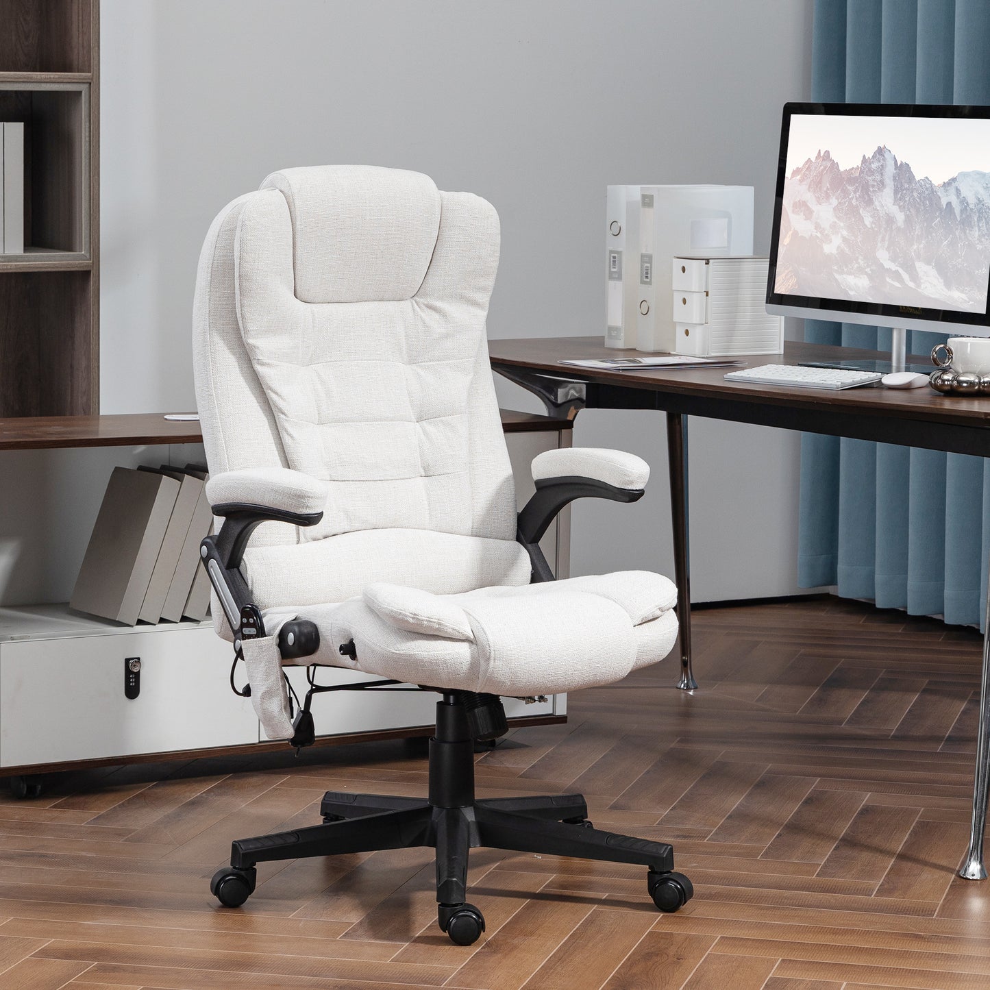 Reclining Massage Office Chair, Executive Office Chair with High Back, Swivel Wheels, White