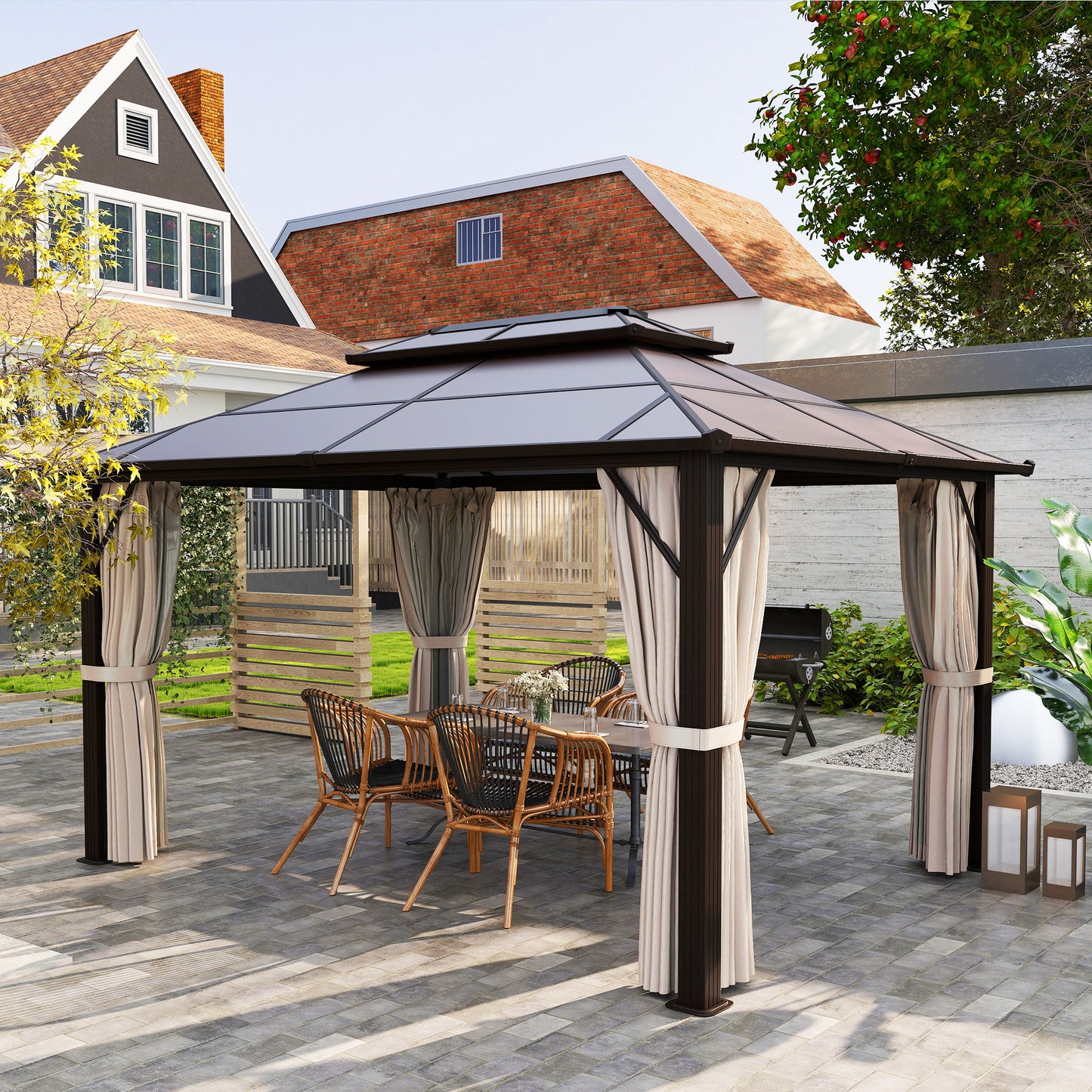 10' x 13' Hardtop Gazebo Canopy with UPF30+ Double Polycarbonate Roof, Aluminum Frame, Netting and Curtains, Beige