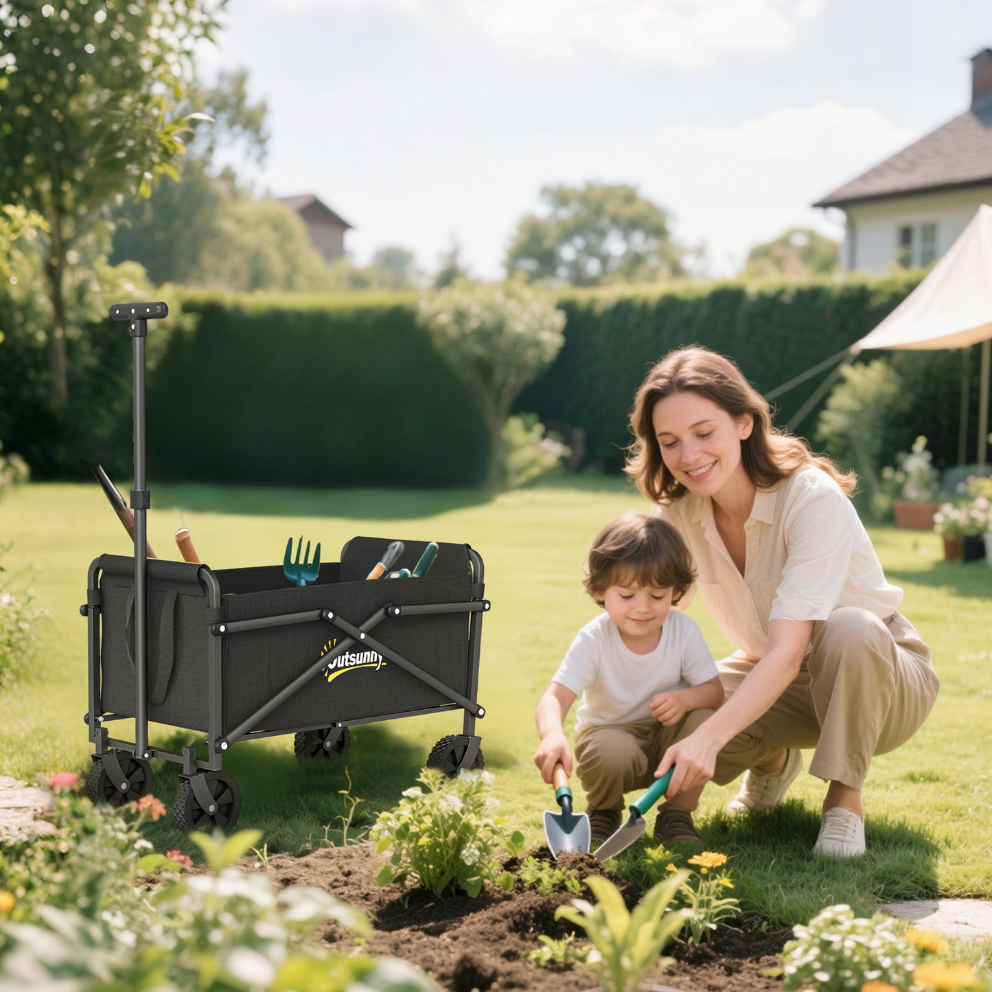 Small Collapsible Folding Garden Cart, Heavy Duty Lawn Wagon with Universal Wheels and Adjustable Handle, Black