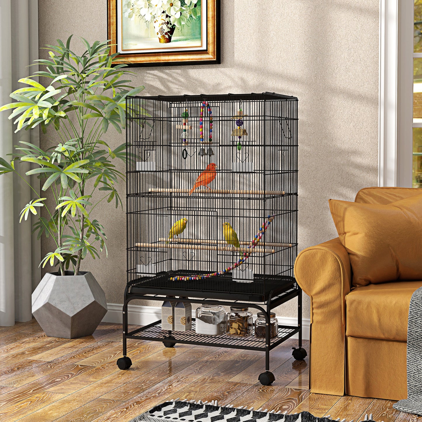 43" Bird Cage with Rolling Stand, Toys, for Budgies Canaries Black