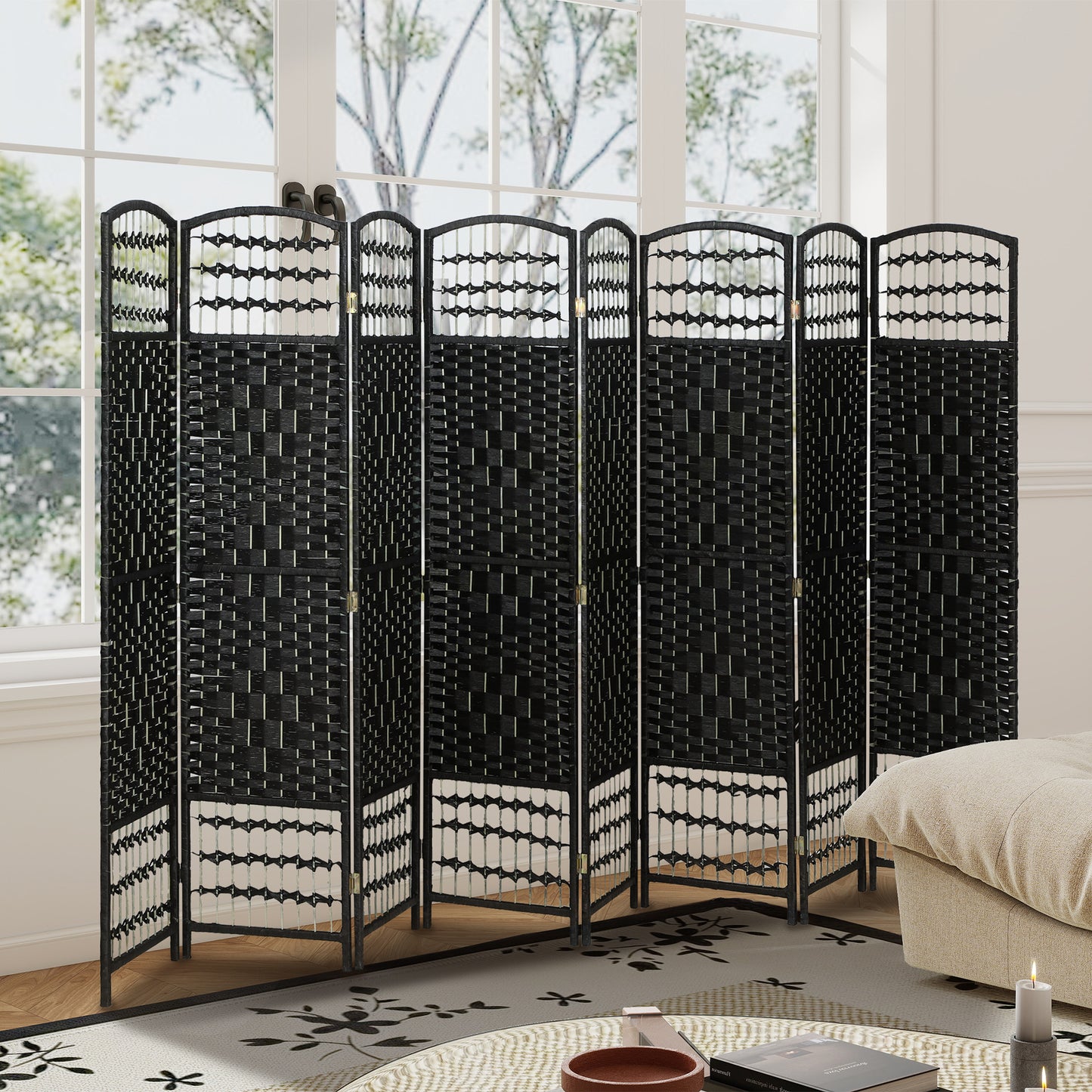 8 Panel Folding Room Divider, Portable Privacy Screen, Wave Fiber Room Partition for Home Office, Black