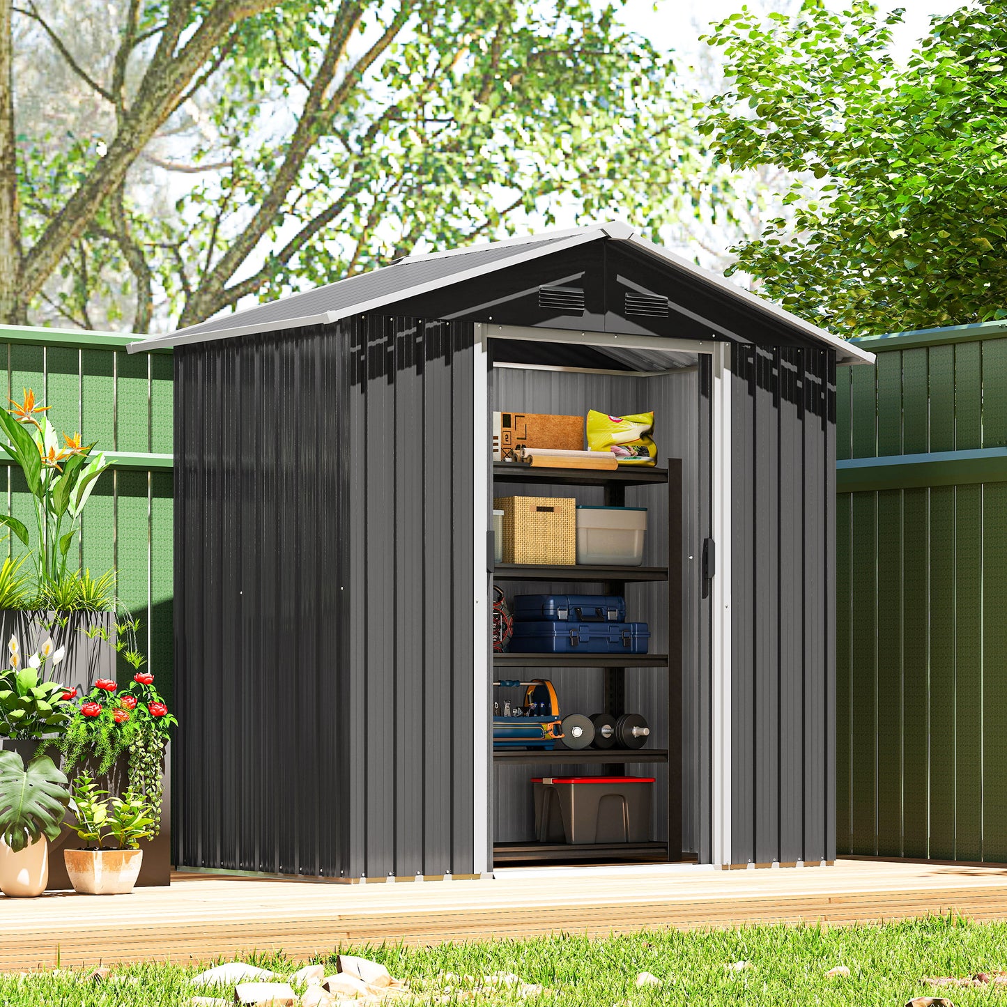 6.5x3.5ft Metal Garden Storage Shed for Outdoor Tool Storage with Double Sliding Doors and Vents, Dark Grey