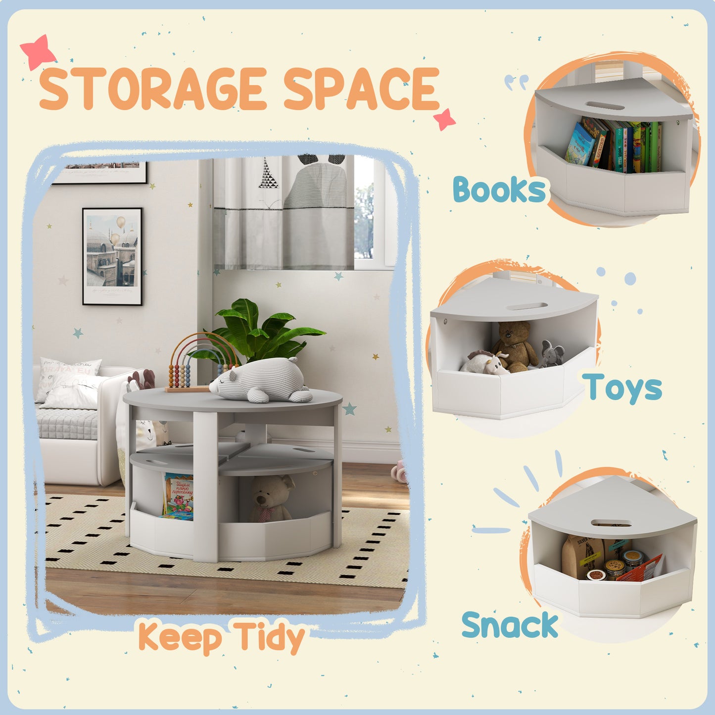 Qaba 5 Piece Kids Table and Chair Set with Storage for Kids Room, Grey