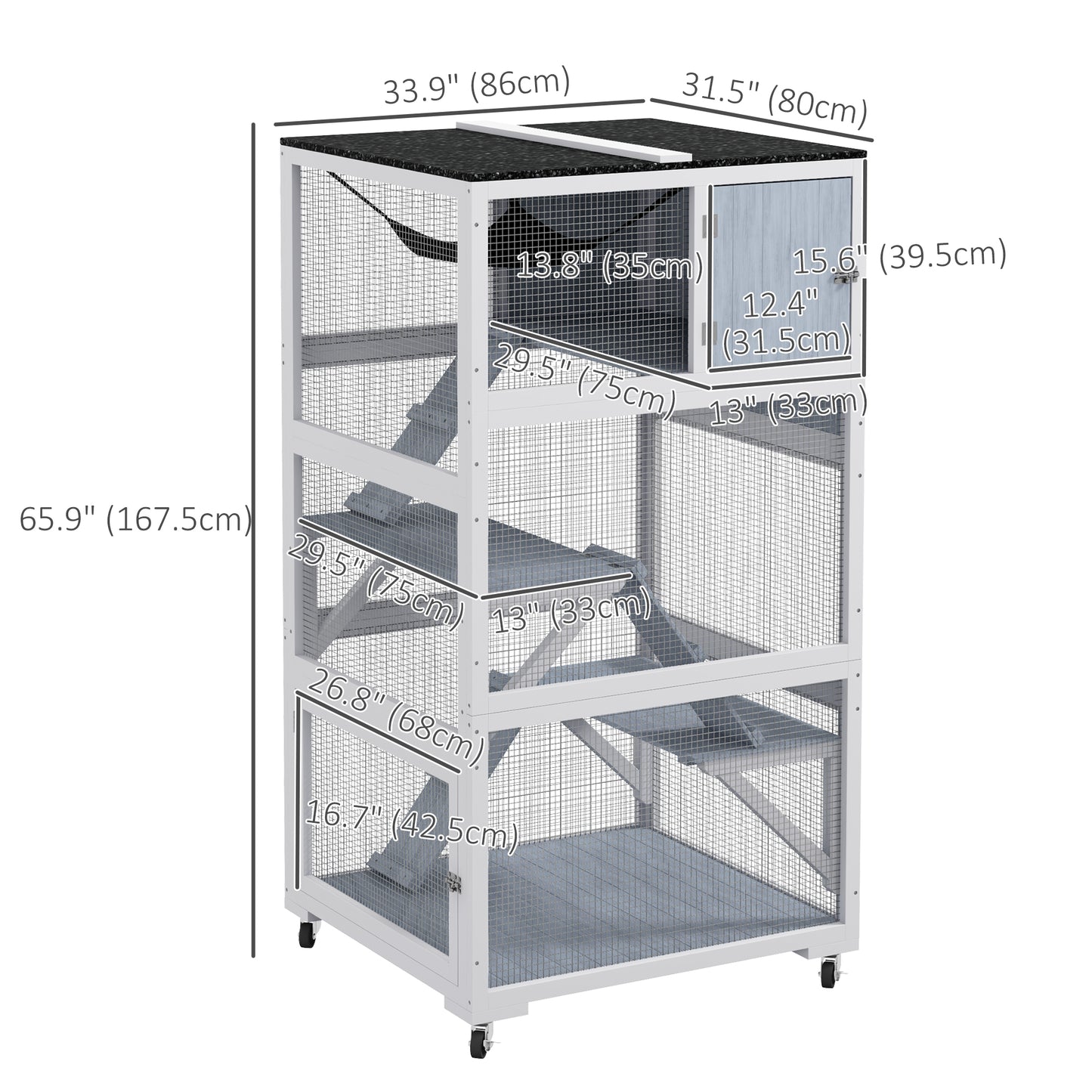 34" L Catio Outdoor Cat Enclosure on Wheels with Hammock Multiple Platforms Resting Condo Ramps for 1-3 Cats, Light Grey