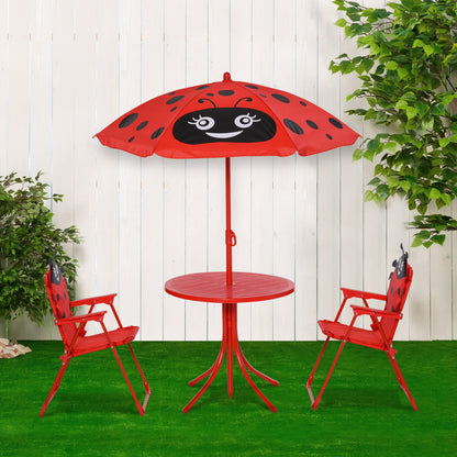 Children Table and Chair Set Outdoor, Kids Folding Picnic Table and Chair Set with Removable & Height Adjustable Sun Umbrella for Garden Backyard, Ladybug Pattern, Red