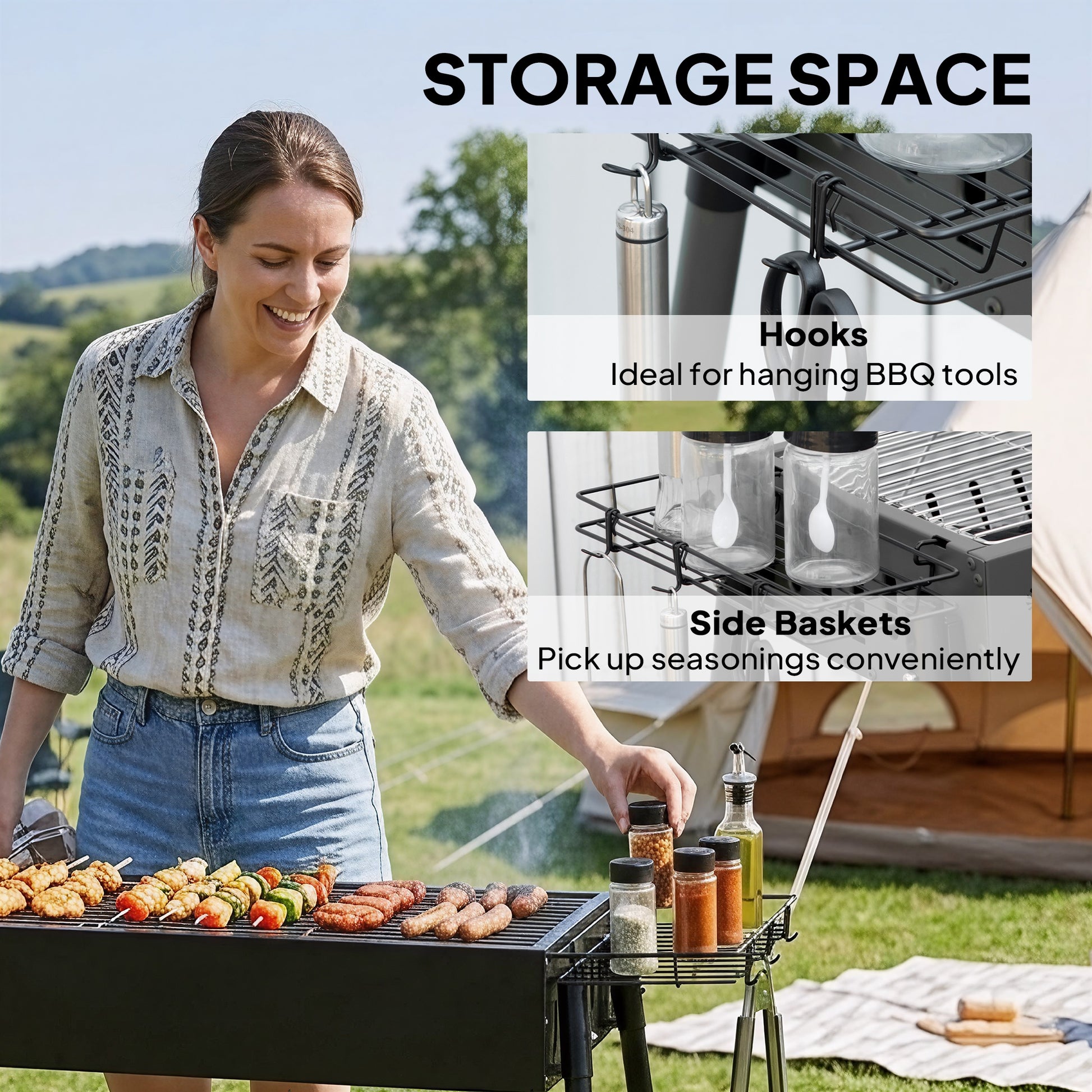 Portable BBQ Grill, Charcoal Grill with Side Seasoning Baskets, Hooks and Nets for Outdoor, Picnic, Camping, Black