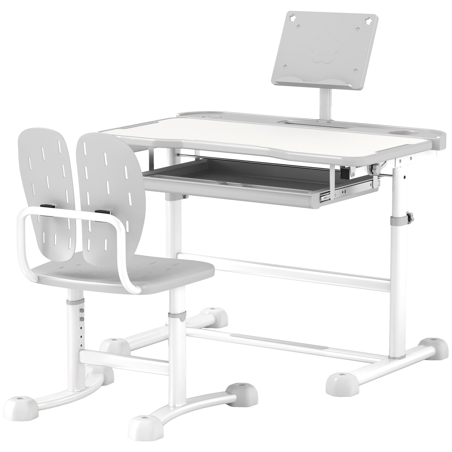 Qaba Height Adjustable Kids Desk and Chair Set with Tilt Desktop, Large Writing Board, Storage Drawer, Book Stand, Grey